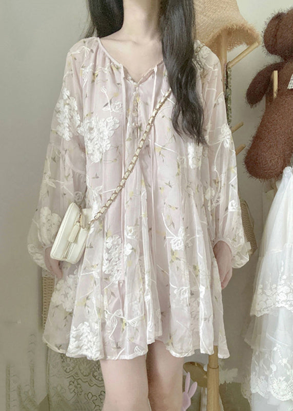Mesh Floral Embroidered Tie Front Ruffle V-Neck Balloon Sleeve Mini Dress