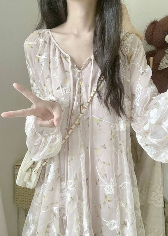 Mesh Floral Embroidered Tie Front Ruffle V-Neck Balloon Sleeve Mini Dress