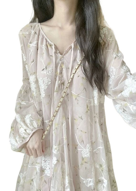 Mesh Floral Embroidered Tie Front Ruffle V-Neck Balloon Sleeve Mini Dress