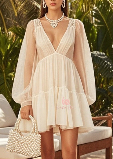 Lace Trim Deep V-Neck Empire Waist Tiered Lantern Sleeve Mini Dress