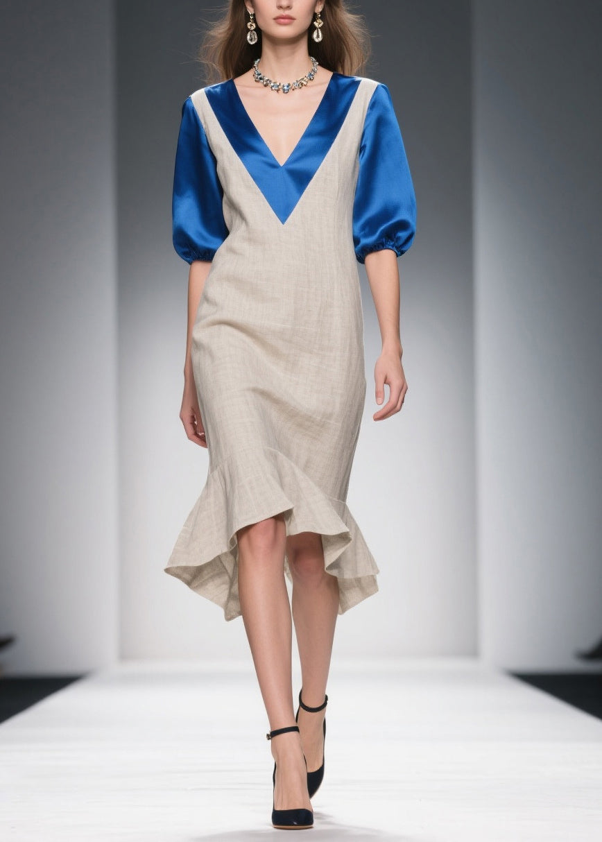Deep V-Neck Elbow Puff Sleeve Satin Trim Woven Asymmetrical Flounce Midi Dress