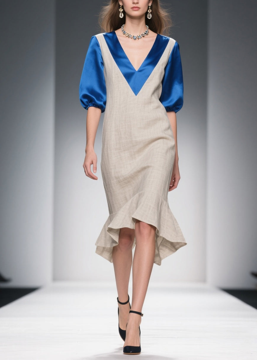 Deep V-Neck Elbow Puff Sleeve Satin Trim Woven Asymmetrical Flounce Midi Dress
