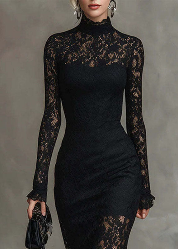 Floral Lace Mock Neck Long Sleeve Ruffle Cuff Mermaid Hem Midi Dress