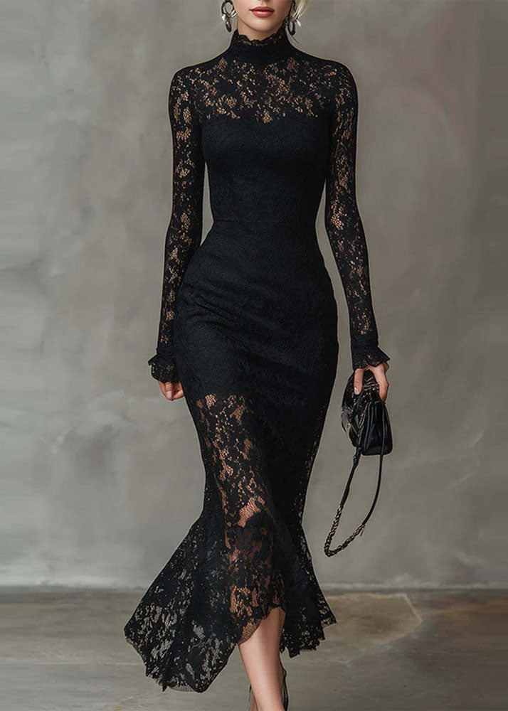 Chic Black Asymmetrical Slim Fit Lace Long Dress Fall