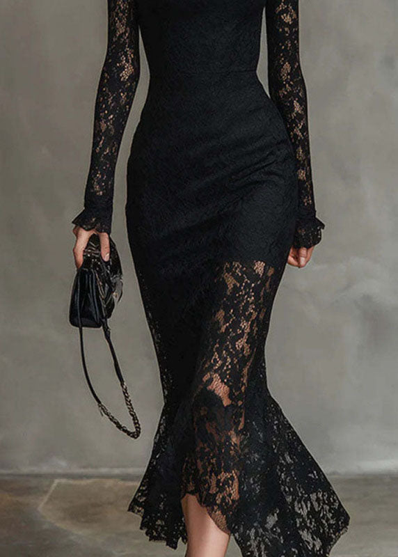 Floral Lace Mock Neck Long Sleeve Ruffle Cuff Mermaid Hem Midi Dress