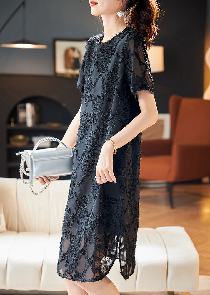 Eyelash Fringe Texture Sheer Short Sleeve Side Slit Shift Mini Dress