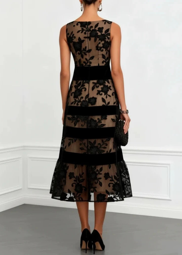 Mesh Floral Embroidery Boat Neck Velvet Band Tiered Hem Midi Dress