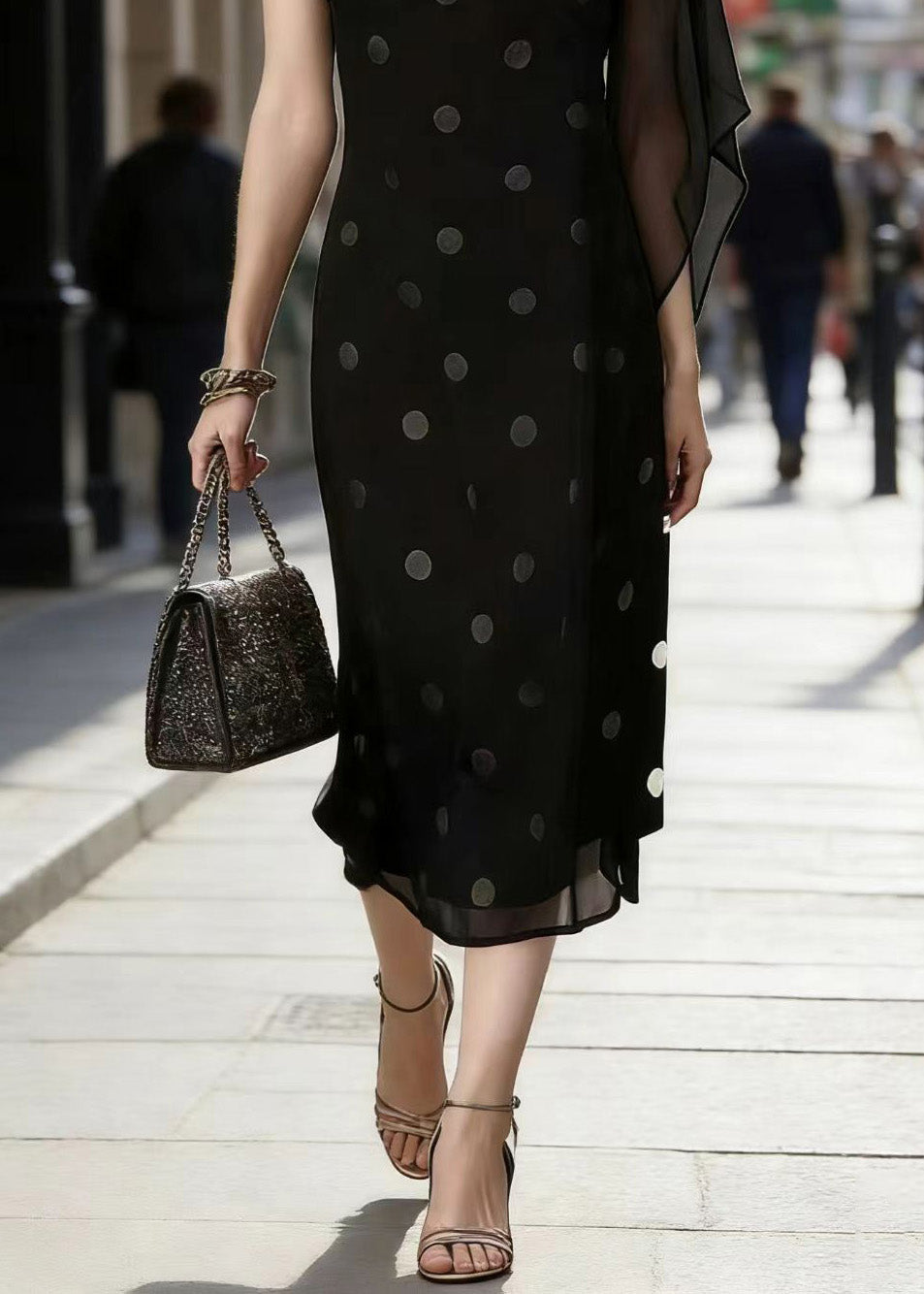 Polka Dot Scoop Neck Cap Sleeve Asymmetric Flutter Overlay Midi Dress