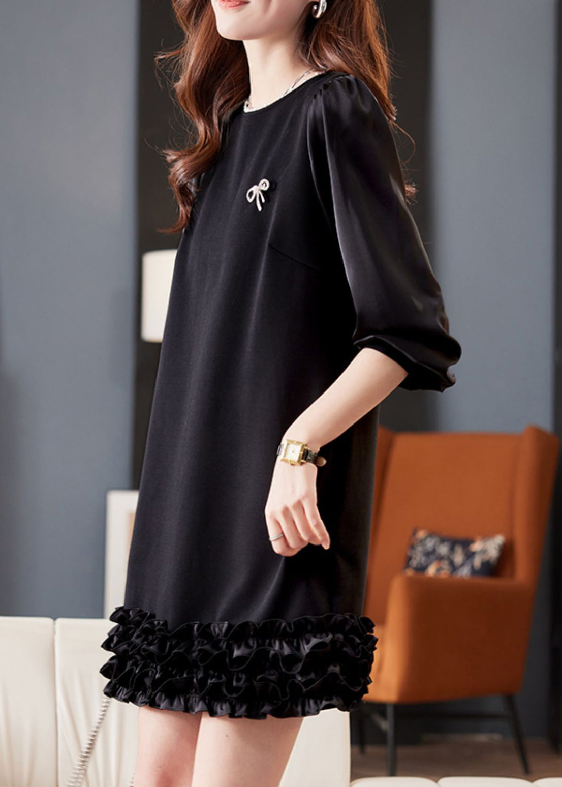 Pearl Trim Crew Neck Lantern Sleeve Tiered Ruffle Hem Mini Dress