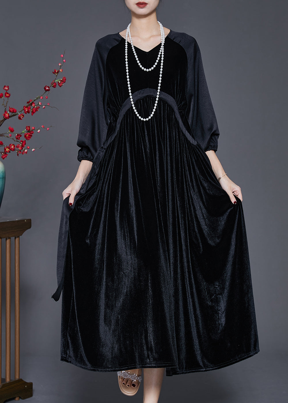 Velvet V-Neck Lantern Sleeve Empire Waist Side Tie Pleated Midi Dress