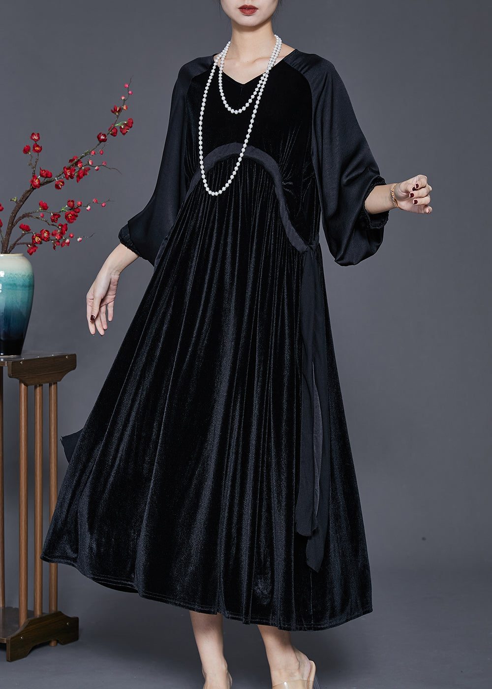 Velvet V-Neck Lantern Sleeve Empire Waist Side Tie Pleated Midi Dress