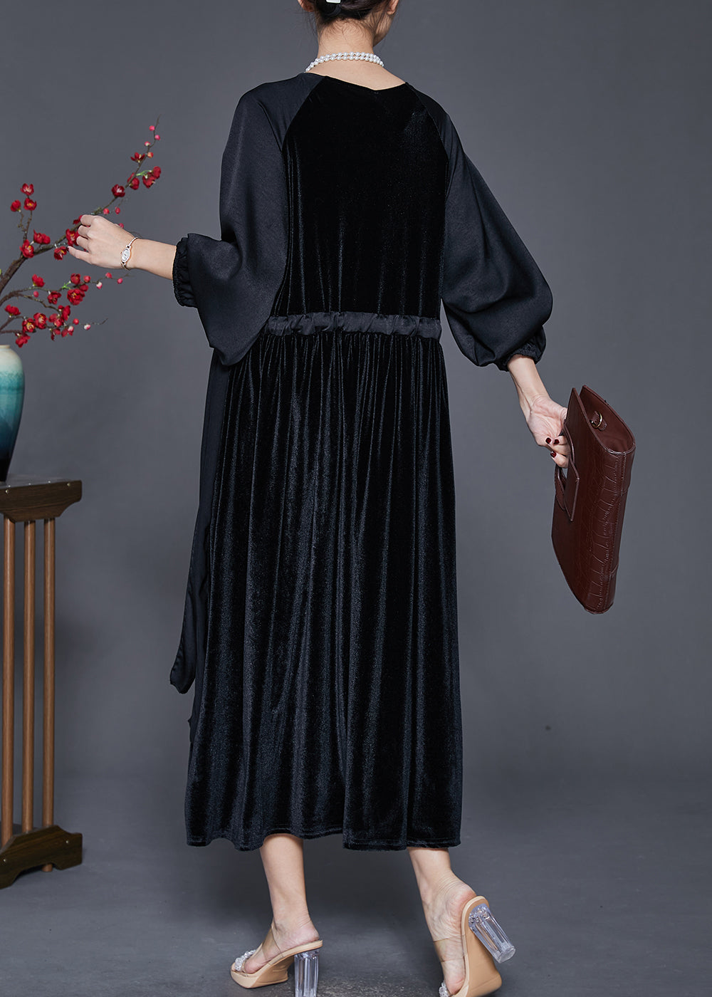 Velvet V-Neck Lantern Sleeve Empire Waist Side Tie Pleated Midi Dress