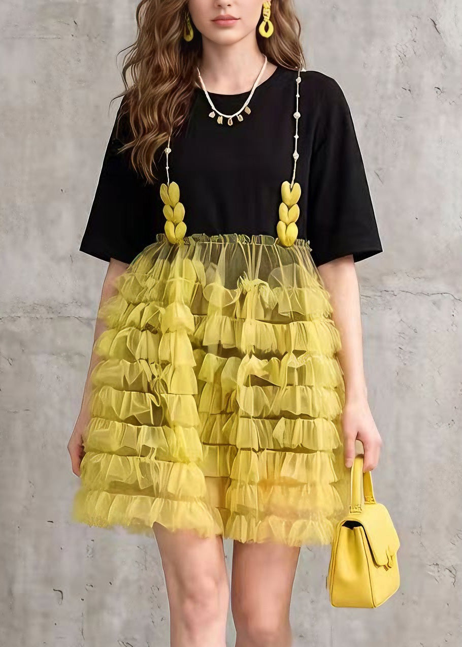 Chic Black Tulle Ruffled Patchwork Cotton Mid Dress Summer 2