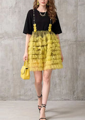 Chic Black Tulle Ruffled Patchwork Cotton Mid Dress Summer 3