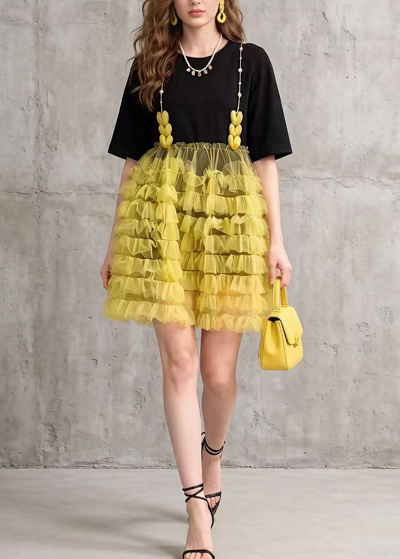 Chic Black Tulle Ruffled Patchwork Cotton Mid Dress Summer 5