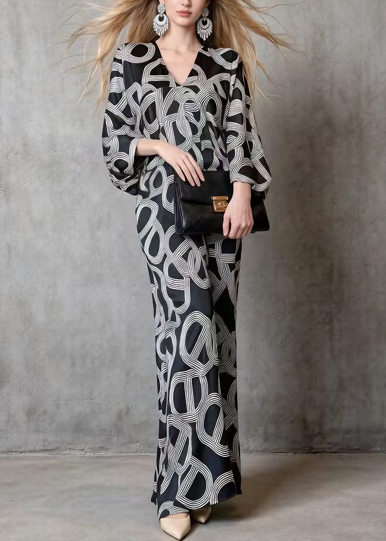 Satin Geometric Link Print V-Neck Batwing Sleeve Maxi Dress