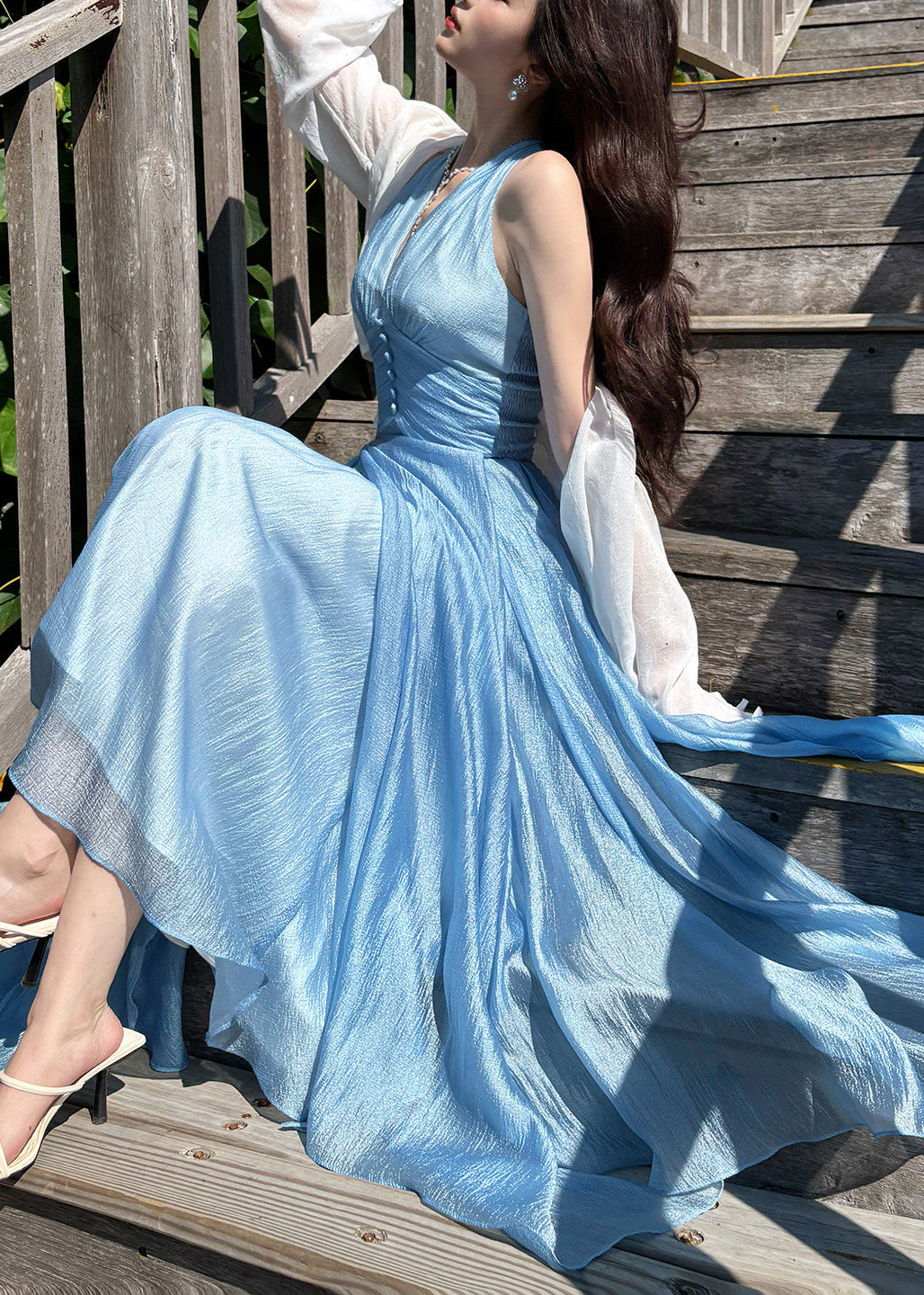 Chic Blue Halter Exra Large Hem Chiffon Maxi Dress Summer