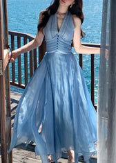 Chic Blue Halter Exra Large Hem Chiffon Maxi Dress Summer 2