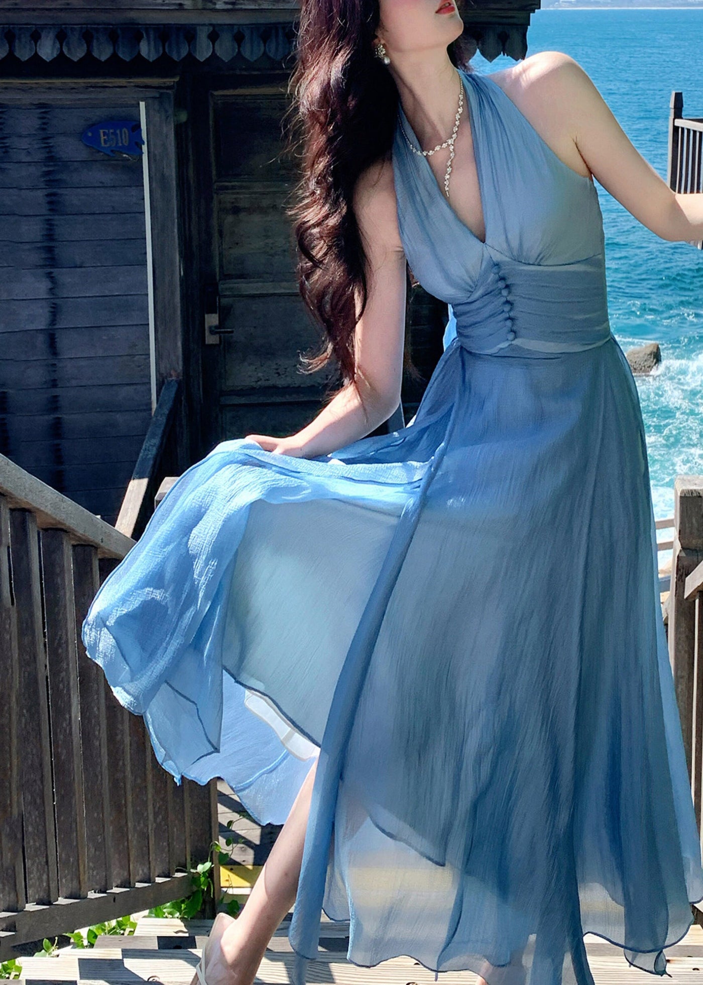 Chic Blue Halter Exra Large Hem Chiffon Maxi Dress Summer 4