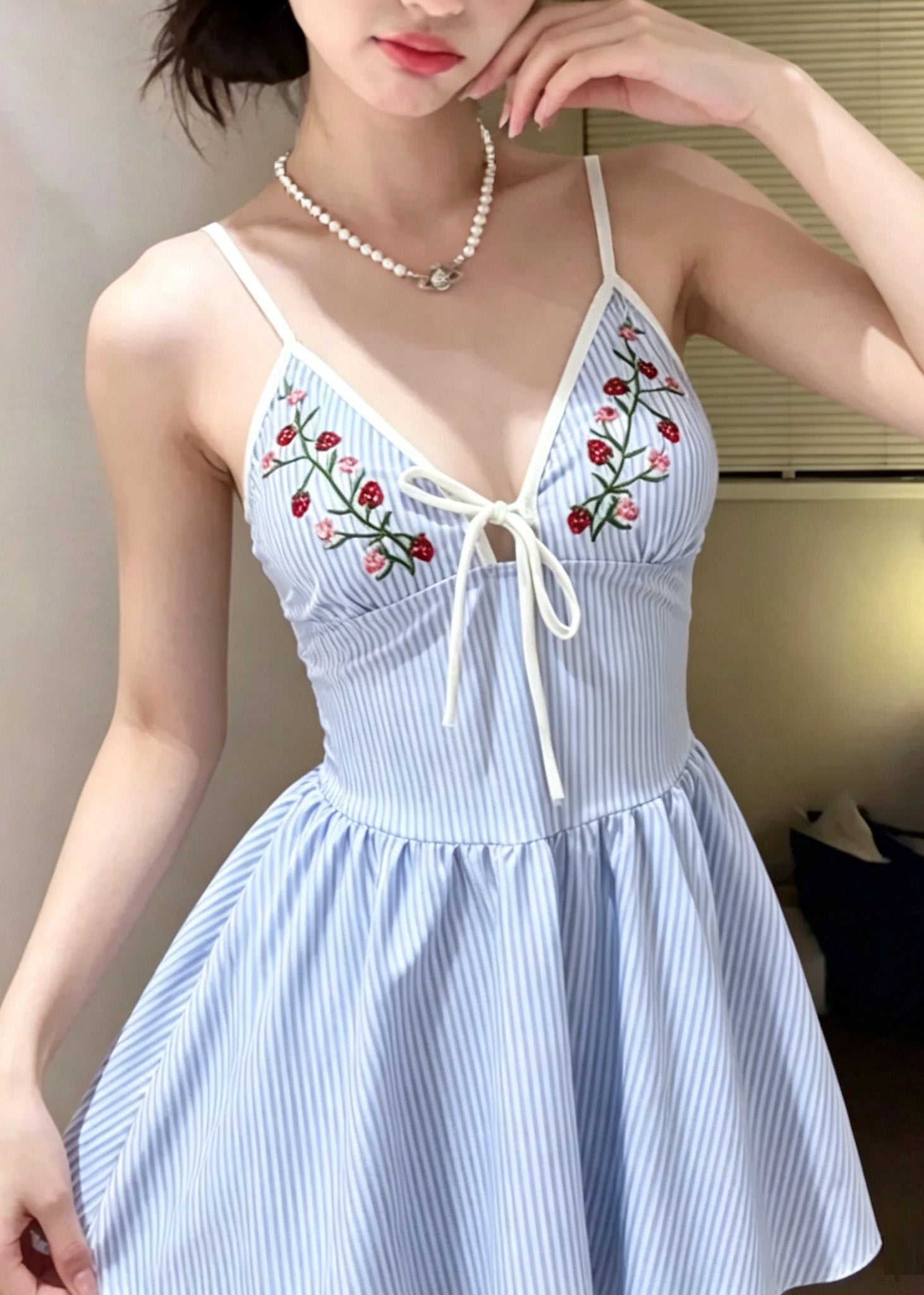 Chic Blue Striped Embroideried Swiming Dress Bodysuits
