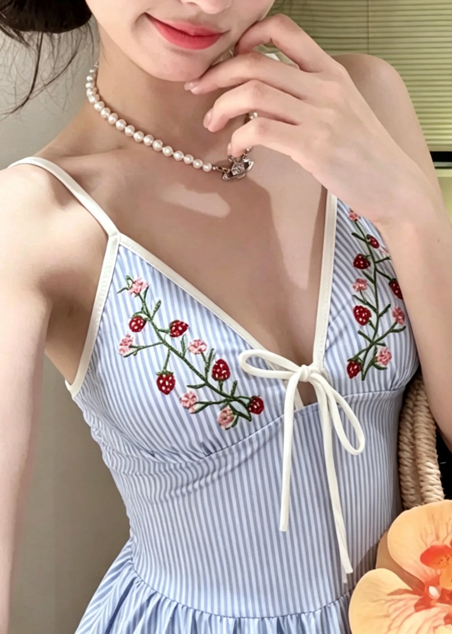 Chic Blue Striped Embroideried Swiming Dress Bodysuits