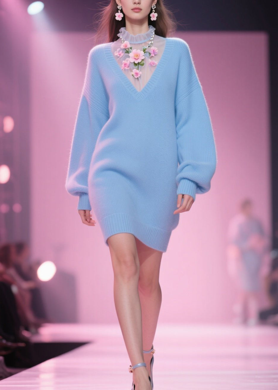 Tulle Floral Mesh Mock Neck Insert V-Neck Puff Sleeve Knit Mini Dress