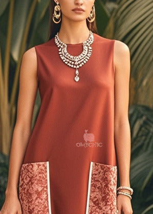 Jacquard Patch Pocket Crew Neck Sleeveless Tiered Ruffle Hem Midi Dress