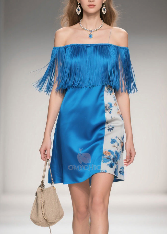Off Shoulder Fringe Neckline Print Panel A-Line Mini Summer Dress