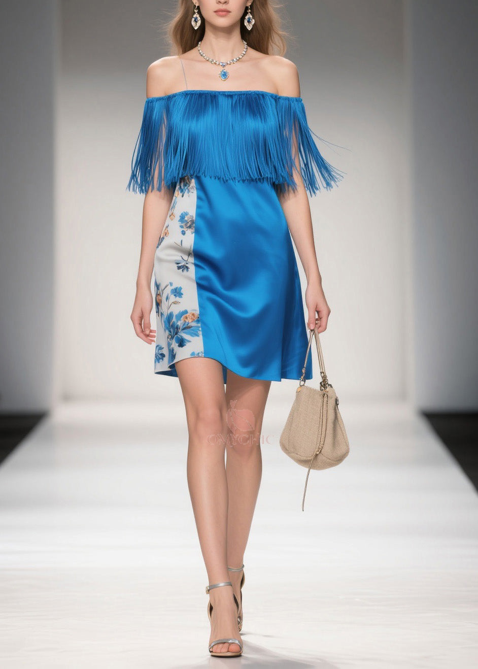 Off Shoulder Fringe Neckline Print Panel A-Line Mini Summer Dress