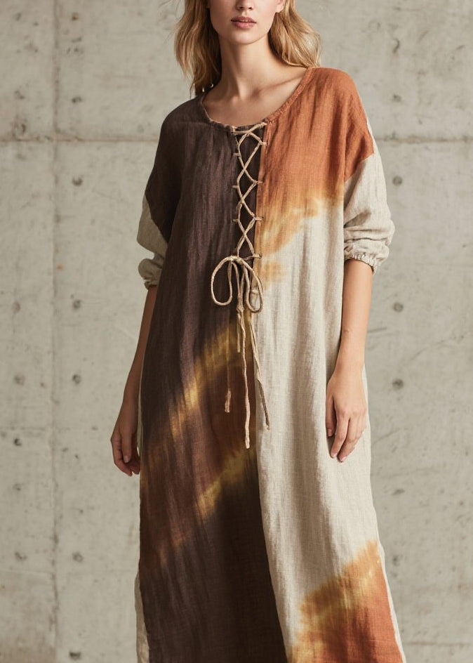 Lace Up Long Sleeve Relaxed Shift Maxi Dress