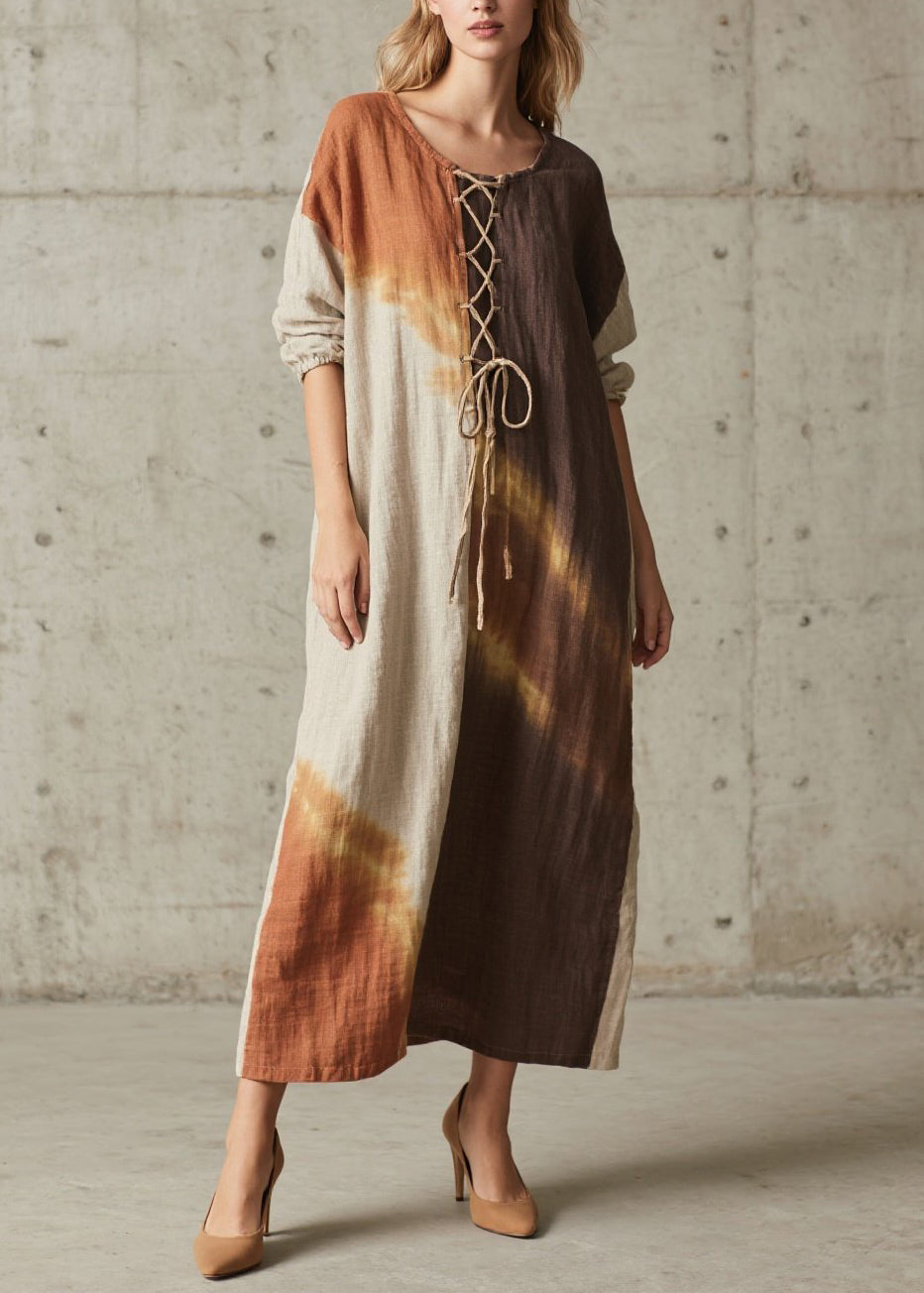 Lace Up Long Sleeve Relaxed Shift Maxi Dress