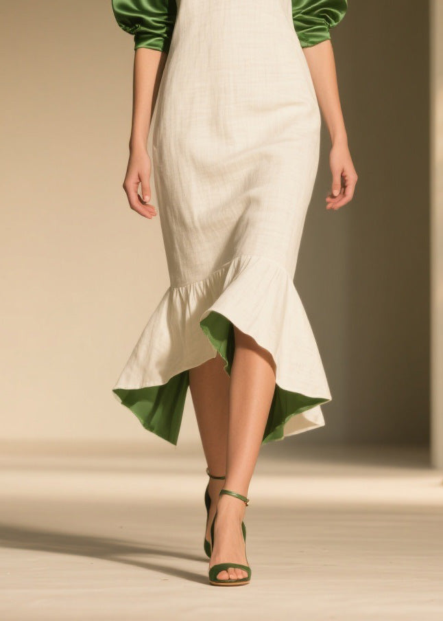 Deep V-Neck Puff Sleeve Satin Accent Mermaid High Low Ruffle Midi Dress