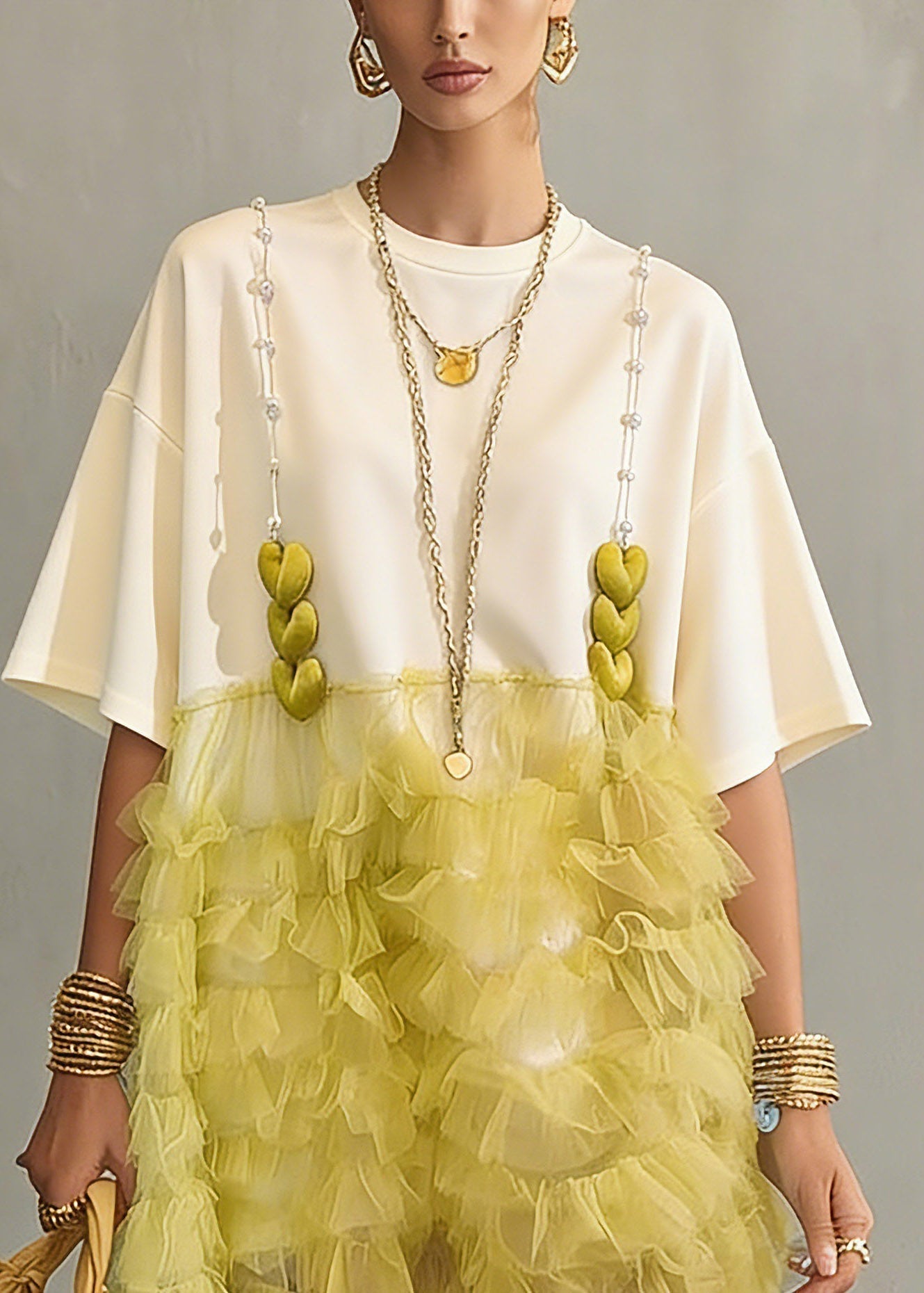 Pearl Strap Heart Trim Tiered Ruffle Tulle Mesh Short Sleeve Crew Neck Mini Dress