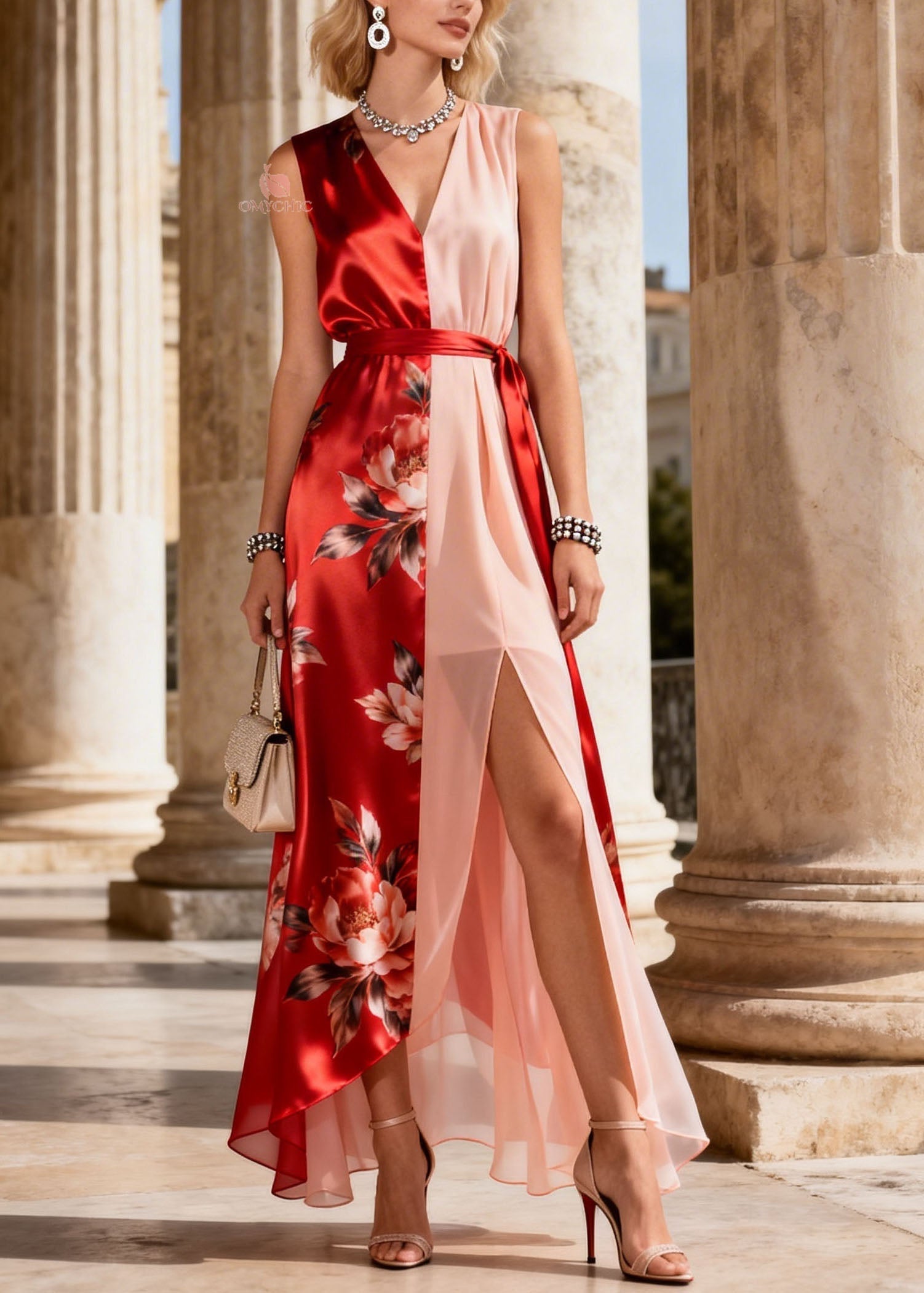 Floral Print Asymmetric Split V-Neck Sleeveless Sash Tie High Split Chiffon Maxi Dress