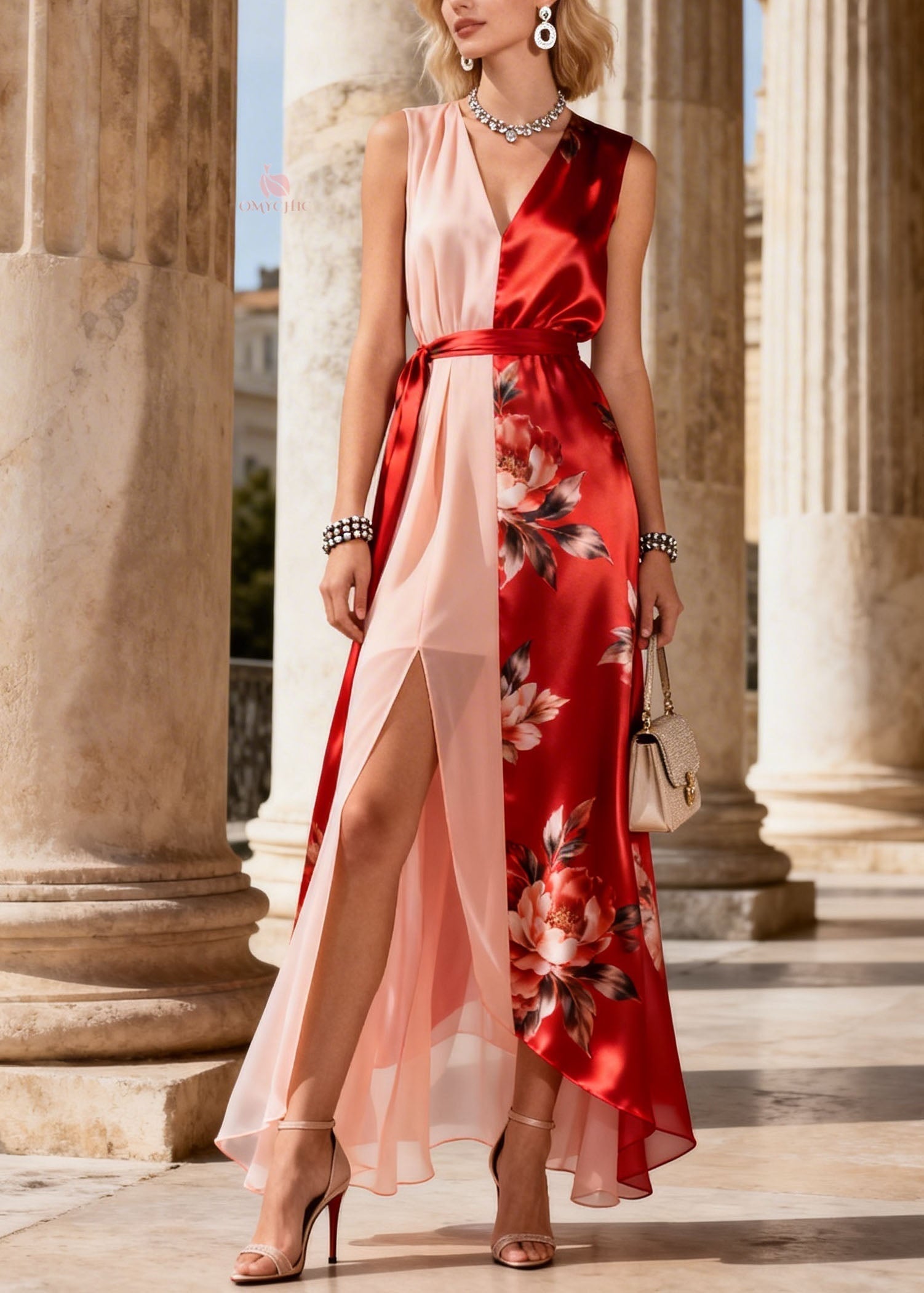 Floral Print Asymmetric Split V-Neck Sleeveless Sash Tie High Split Chiffon Maxi Dress