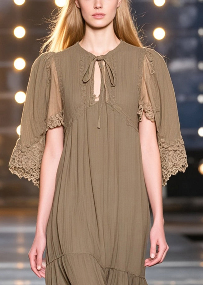 Lace Trim Keyhole Tie Neck Cape Sleeve Tiered Ruffle Midi Dress