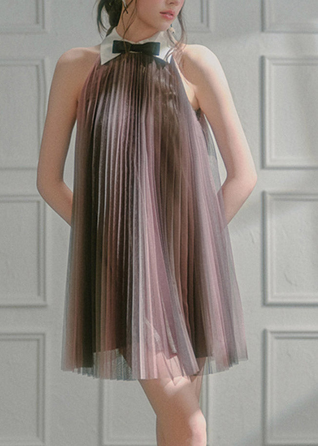 Mesh Pleated Peter Pan Collar Bow Tie Halter Neck Sleeveless Trapeze Mini Dress
