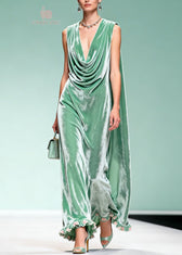 Chic Draped Neckline Ruffled Floral Patchwork Velvet Dress Sleeveless