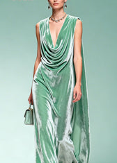 Chic Draped Neckline Ruffled Floral Patchwork Velvet Dress Sleeveless 2