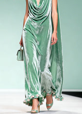 Chic Draped Neckline Ruffled Floral Patchwork Velvet Dress Sleeveless 4