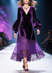 Chic Dull Purple V Neck Patchwork Silk Velvet Maxi Dresses Lantern Sleeve 3