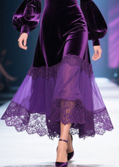 Chic Dull Purple V Neck Patchwork Silk Velvet Maxi Dresses Lantern Sleeve 4