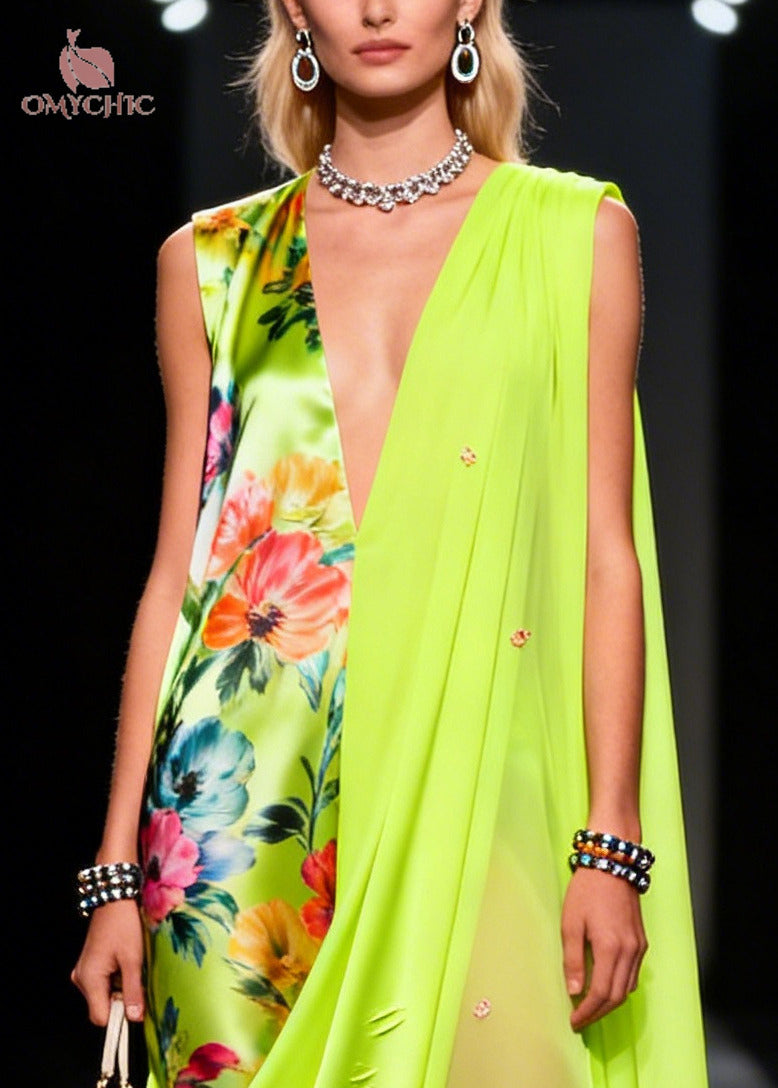 Floral Deep V-Neck Sleeveless High Split Satin Chiffon Maxi Dress