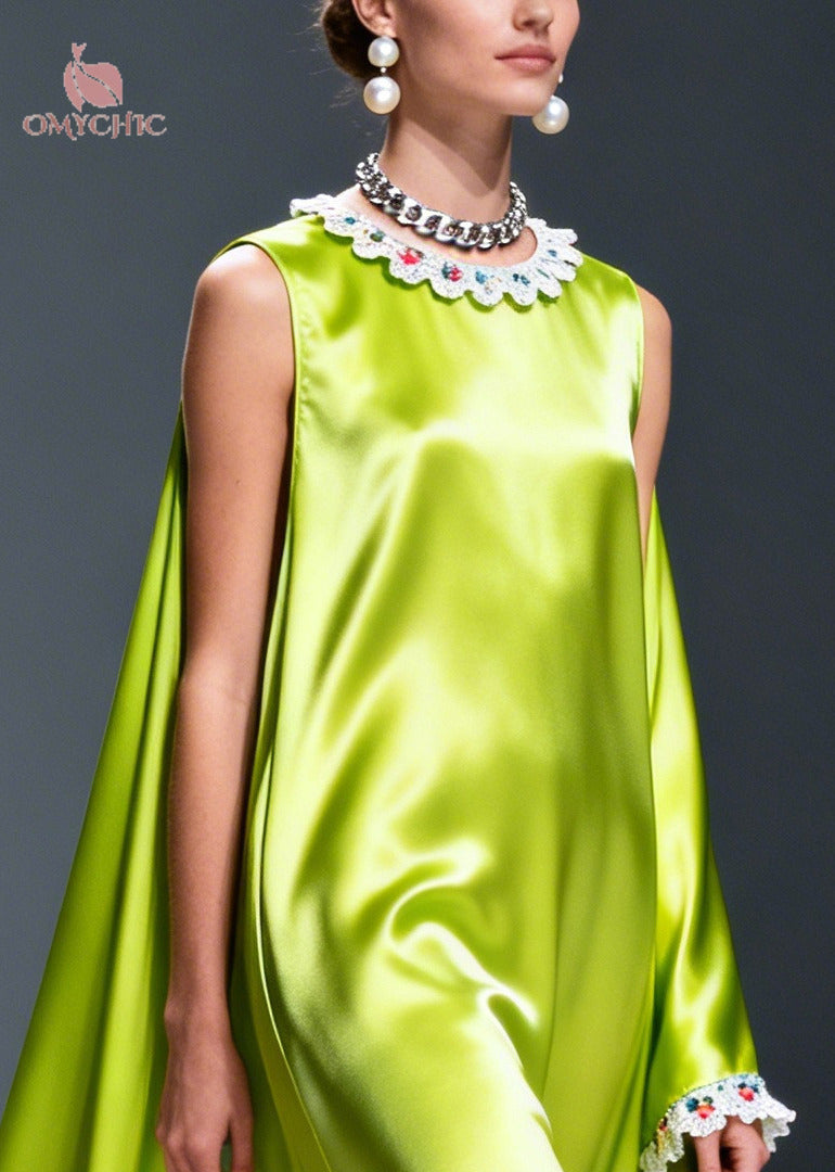 Lace Collar Asymmetric Cape One Sleeve Ruffle Flounce Satin Maxi Gown
