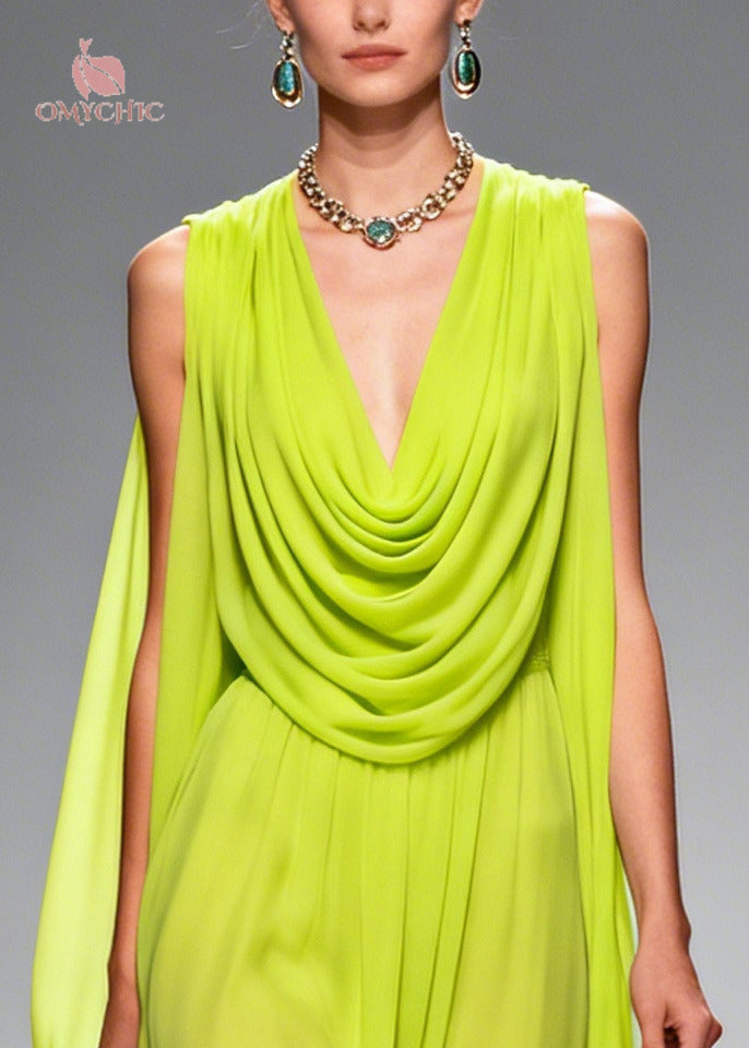 Cowl Neck Draped Shoulder Cape Floral Embroidered Hem Chiffon Midi Dress