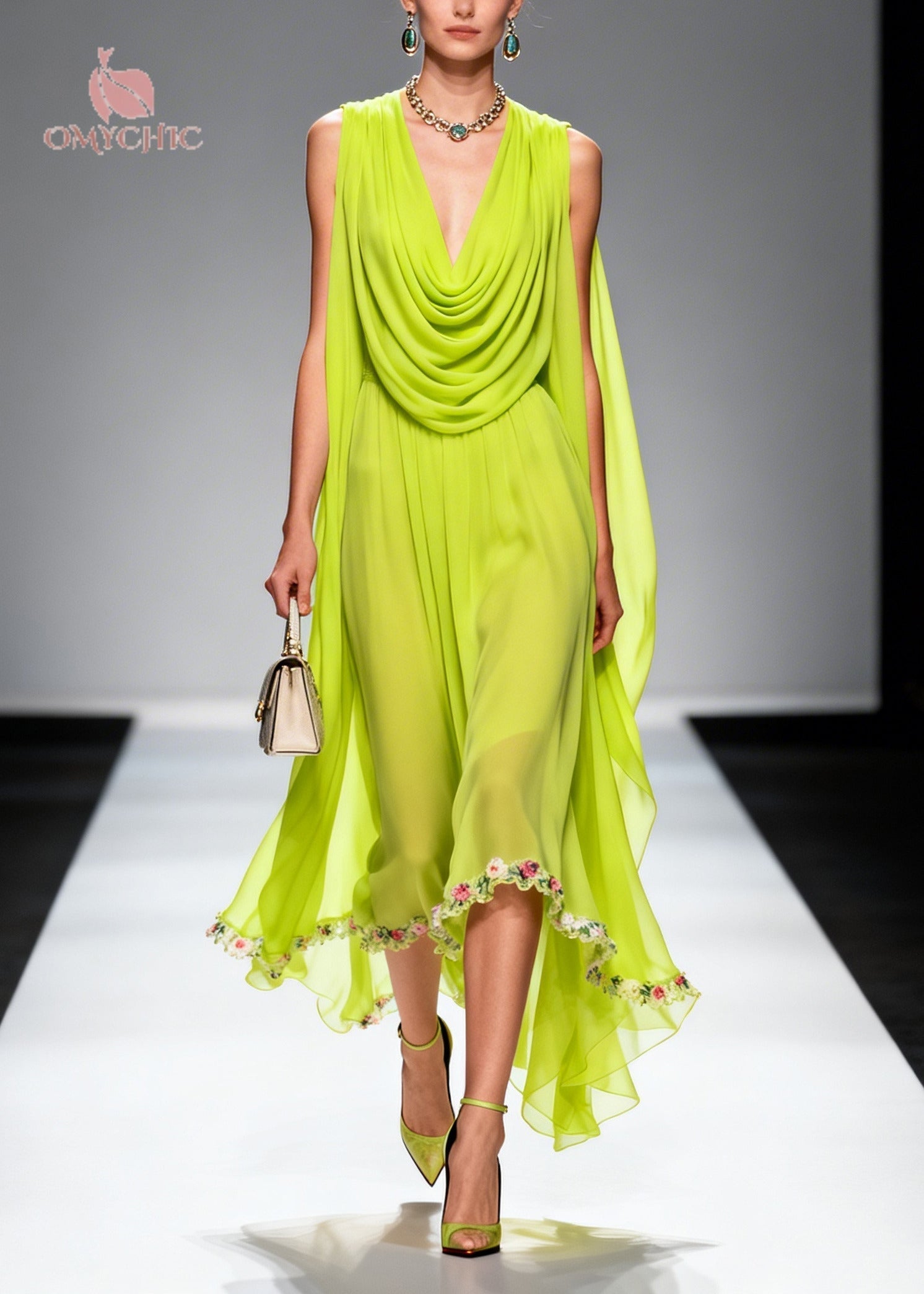 Cowl Neck Draped Shoulder Cape Floral Embroidered Hem Chiffon Midi Dress