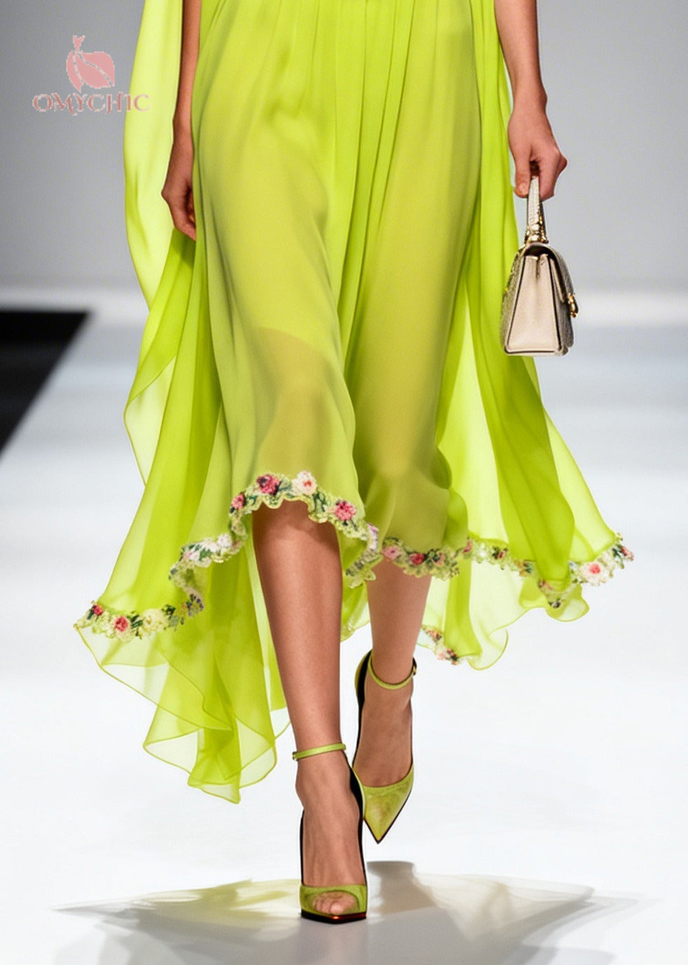 Cowl Neck Draped Shoulder Cape Floral Embroidered Hem Chiffon Midi Dress