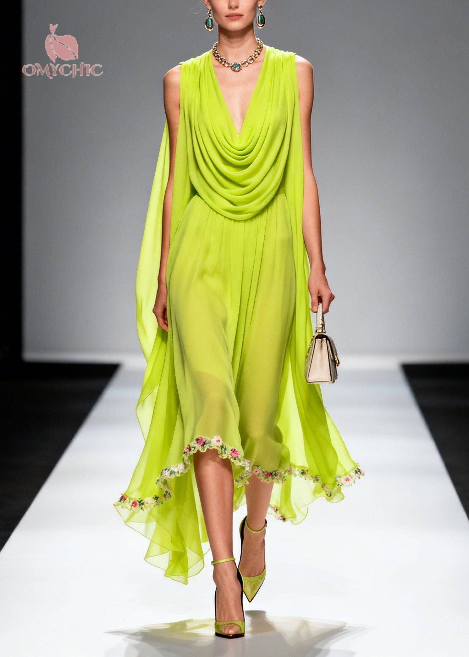 Cowl Neck Draped Shoulder Cape Floral Embroidered Hem Chiffon Midi Dress