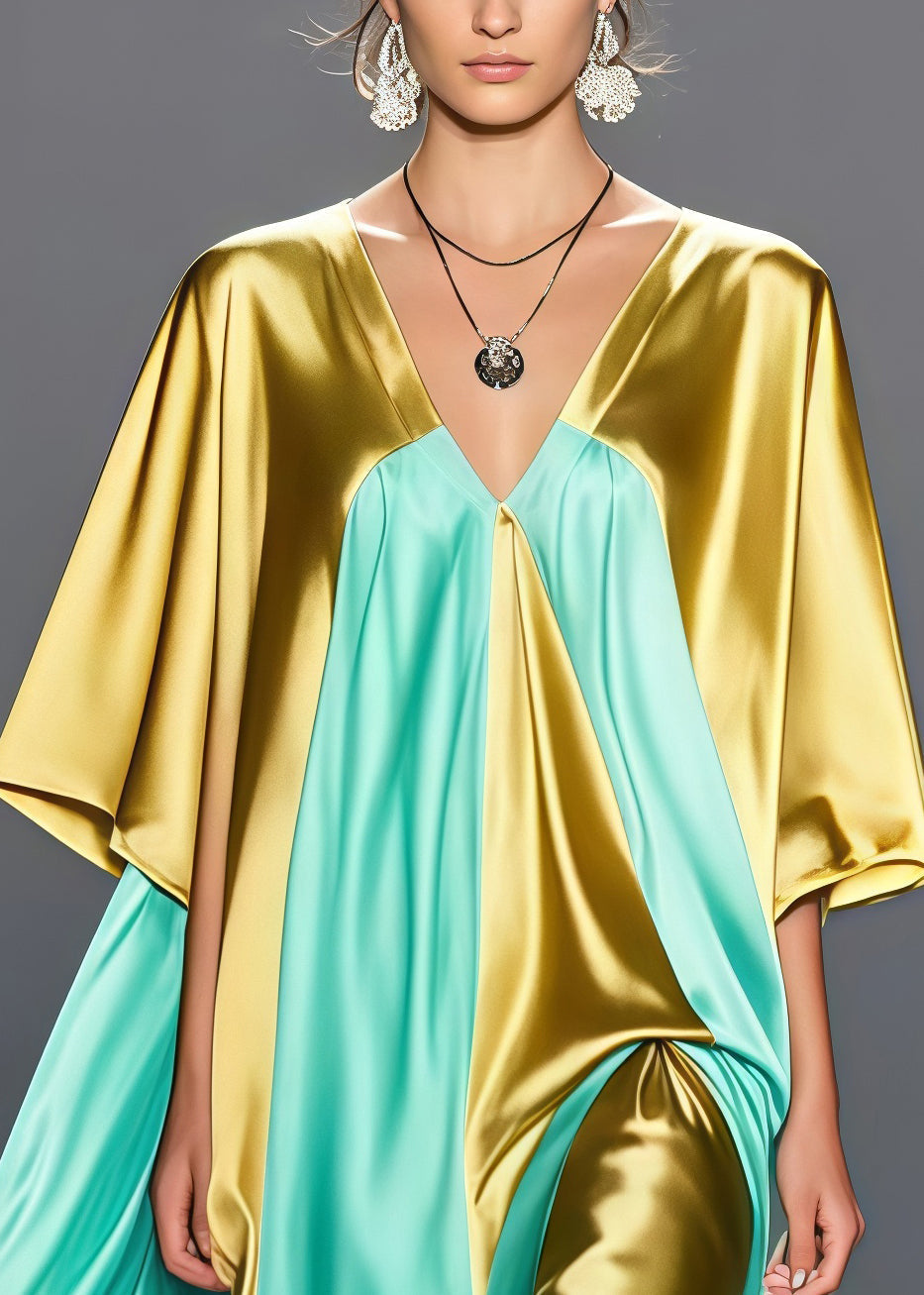 Deep V-Neck Kimono Sleeve Center Slit Draped Panel Maxi Gown