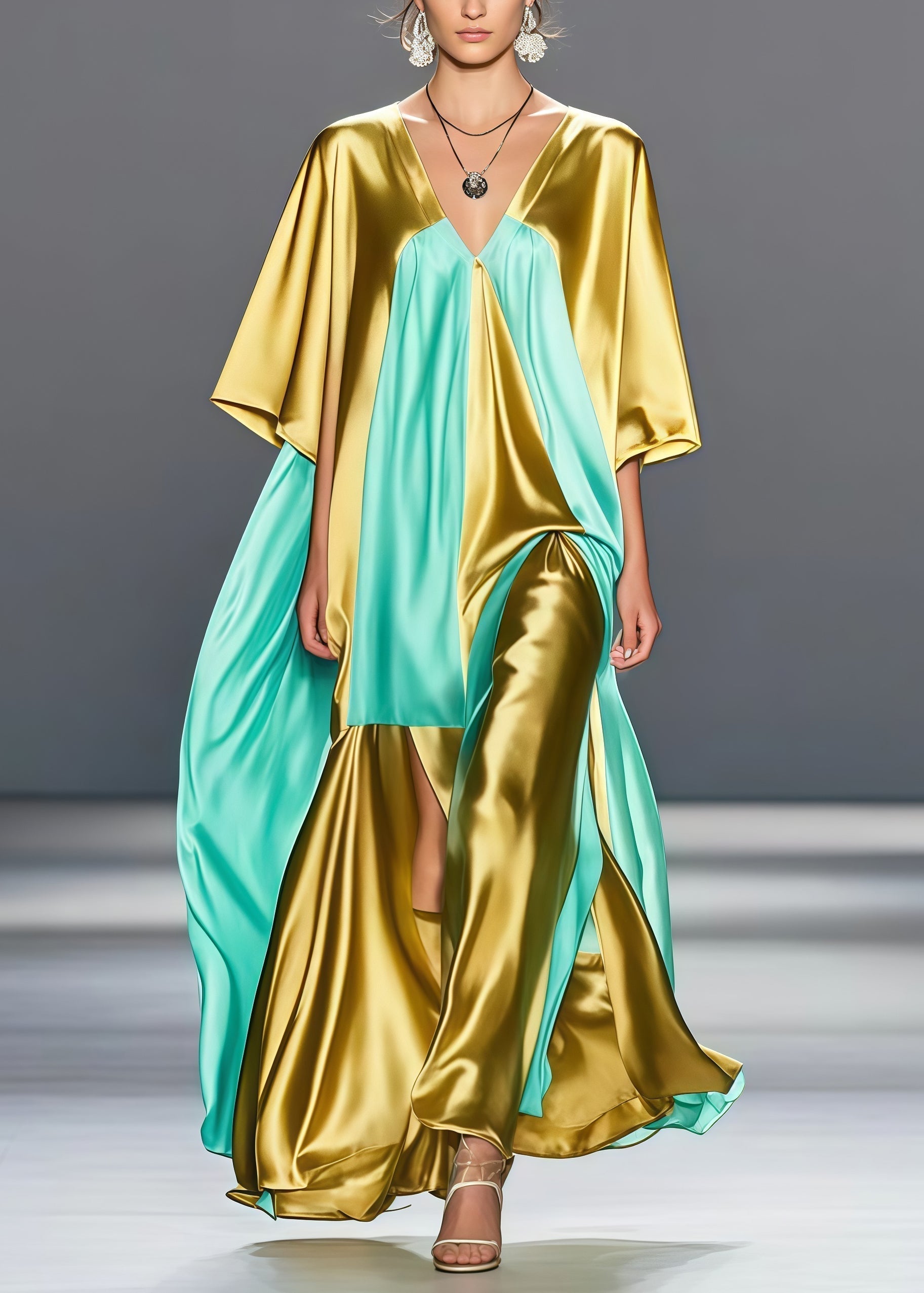 Deep V-Neck Kimono Sleeve Center Slit Draped Panel Maxi Gown